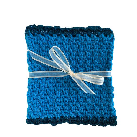 Mug Rugs Handmade Crochet Turquoise Blue Cotton Glitter Edging Set of 4 Coasters - Picture 2 of 10